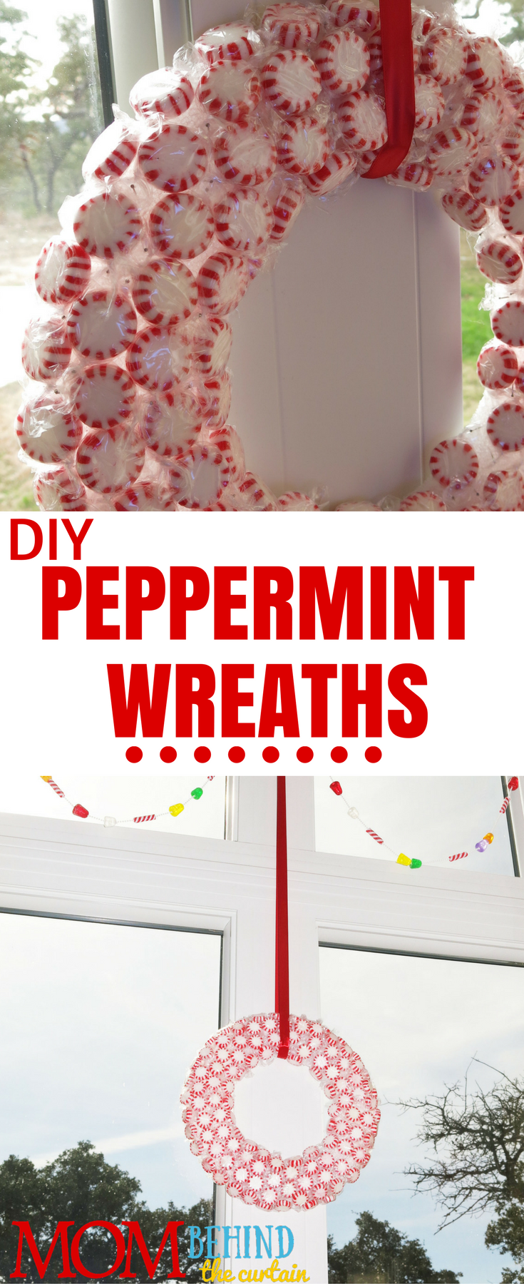 Christmas decor - DIY peppermint wreaths. My daughters made these with me years ago and we still enjoy hanging them in our kitchen windows every year. I share tips and tricks for this easy, original Christmas craft that your kids can help you with or even do on their own.
